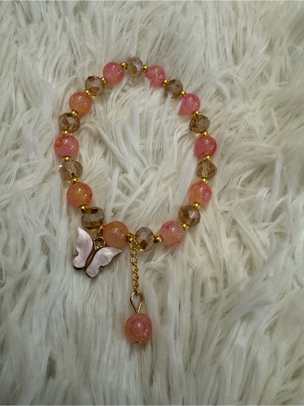 Pink and Gold Beaded Butterfly stretch Bracelet